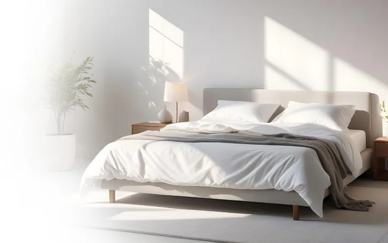 Camera luminosa con letto matrimoniale, tessuti chiari e luce naturale